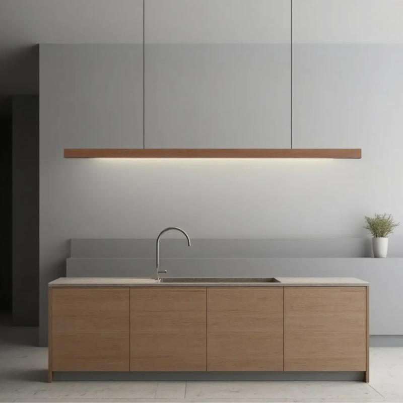 Elongated Wooden Pendant Lamp Dining Table - Luminara - Adjustable Height - Warm Lighting