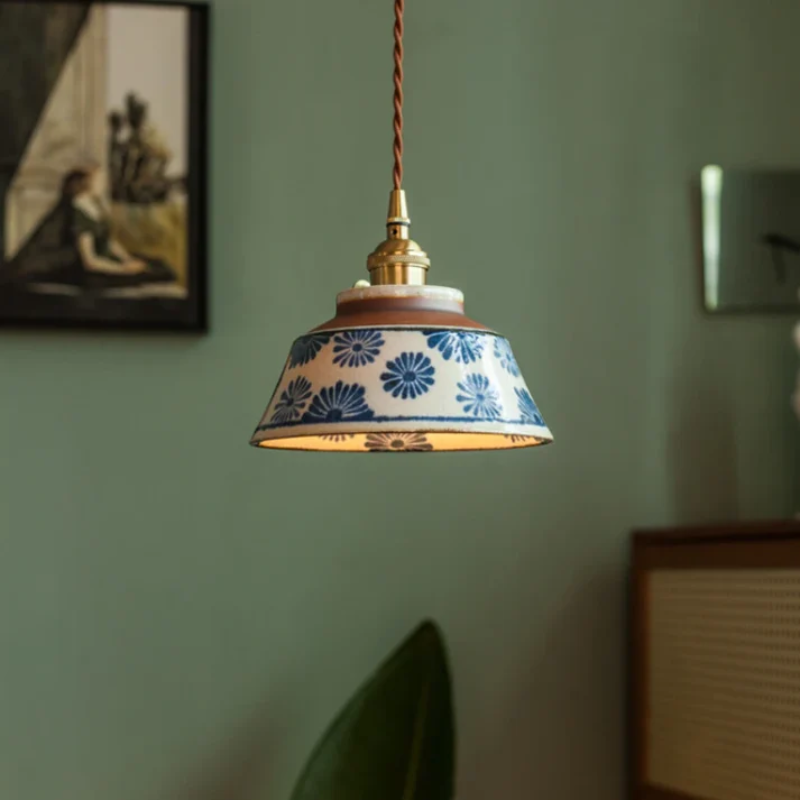 Retro Japanese Ceramic Pendant Lamp - KairoLite - Hand-Painted Pattern - Adjustable Height