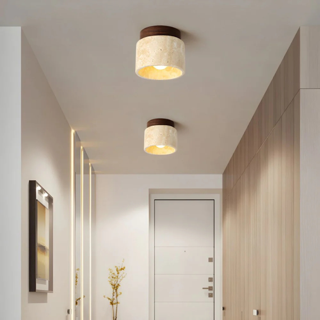 Cylindrical Ceiling Lamp - TravuGlow - Travertine Finish - Wooden Accent Fixture