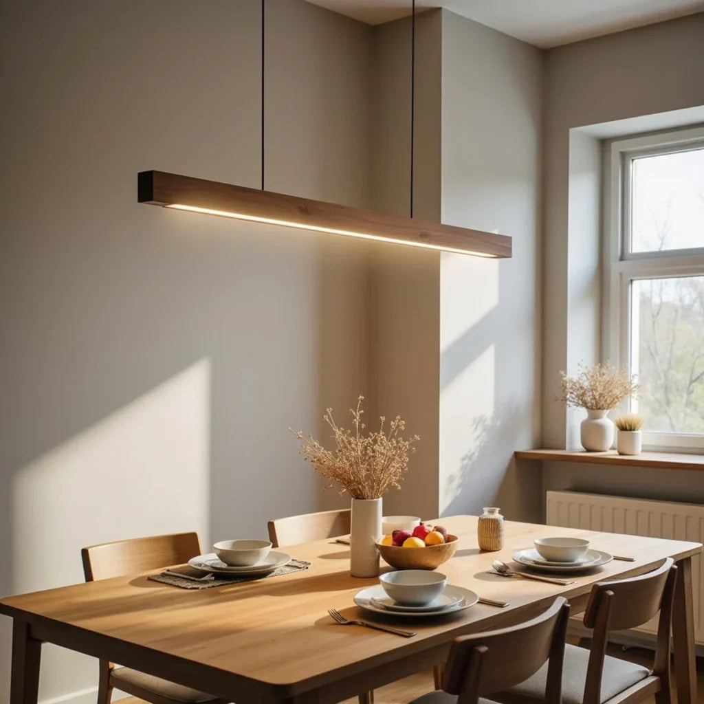 Elongated Wooden Pendant Lamp Dining Table - Luminara - Adjustable Height - Warm Lighting