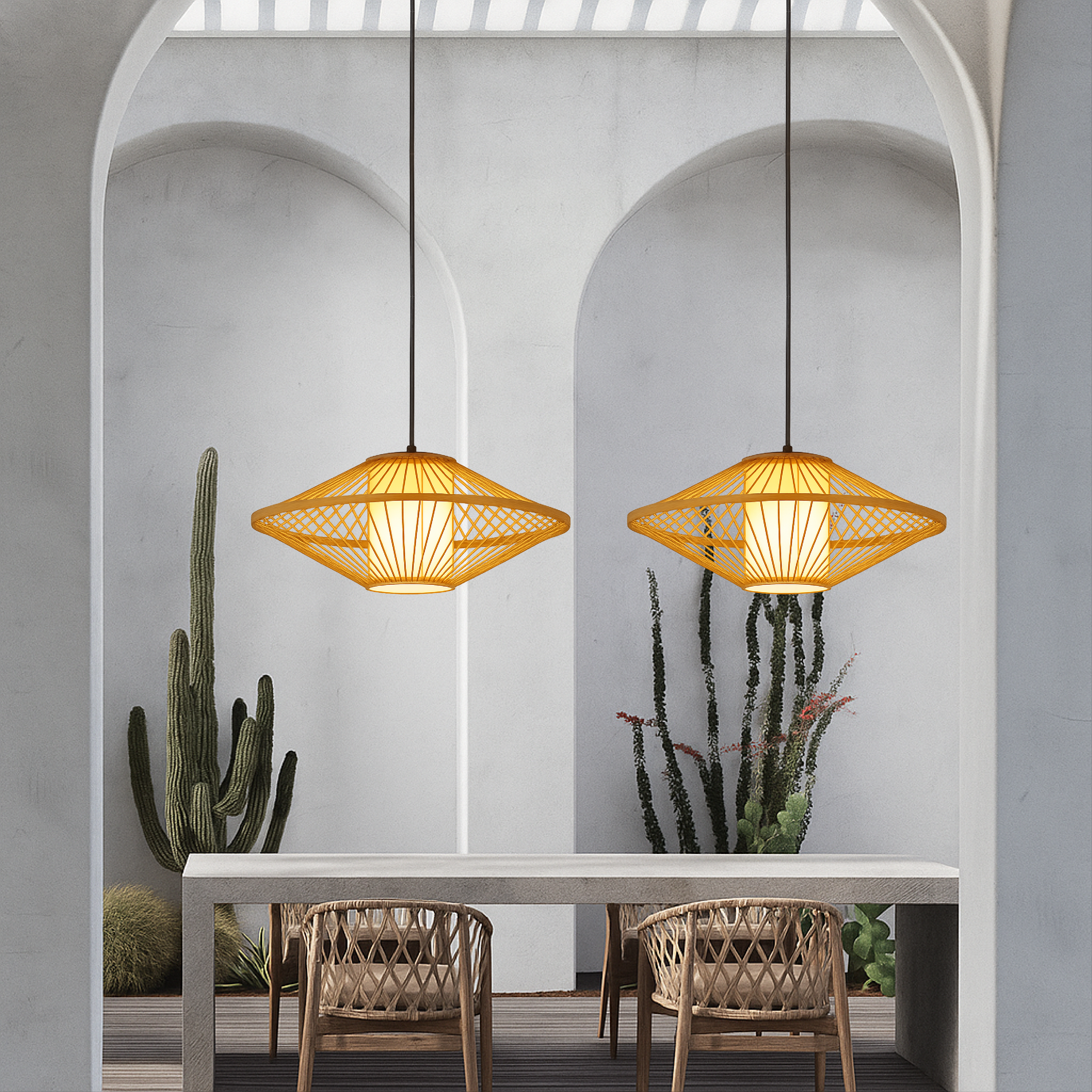 Japanese Bamboo Pendant Lamp - Amethis - Natural Rattan Shade - Adjustable Hanging Cord