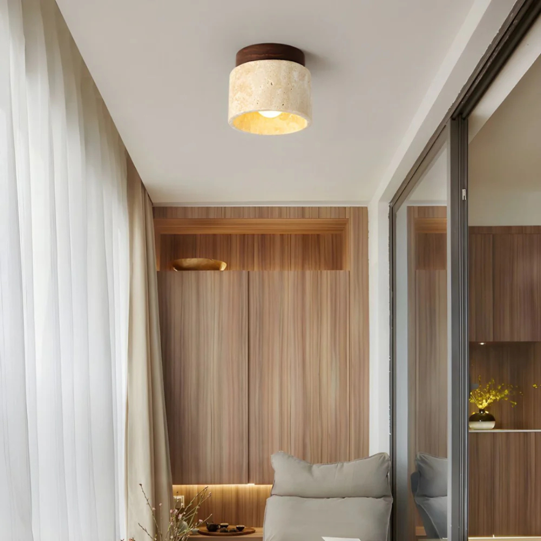 Cylindrical Ceiling Lamp - TravuGlow - Travertine Finish - Wooden Accent Fixture