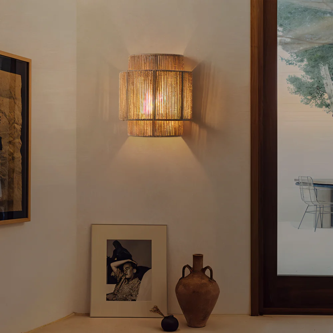 Boho Wall Lamp - RattaGlow - Natural Rattan Shade - Hemp Rope Accent