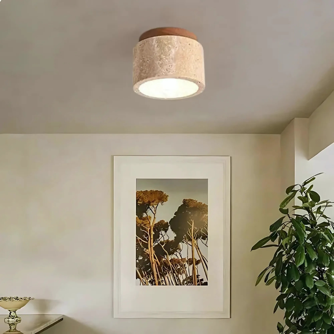 Cylindrical Ceiling Lamp - TravuGlow - Travertine Finish - Wooden Accent Fixture