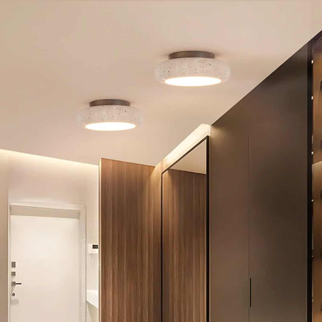 Travertine Retro Ceiling Lamp - LumaStone - Natural Finish - Warm Illumination