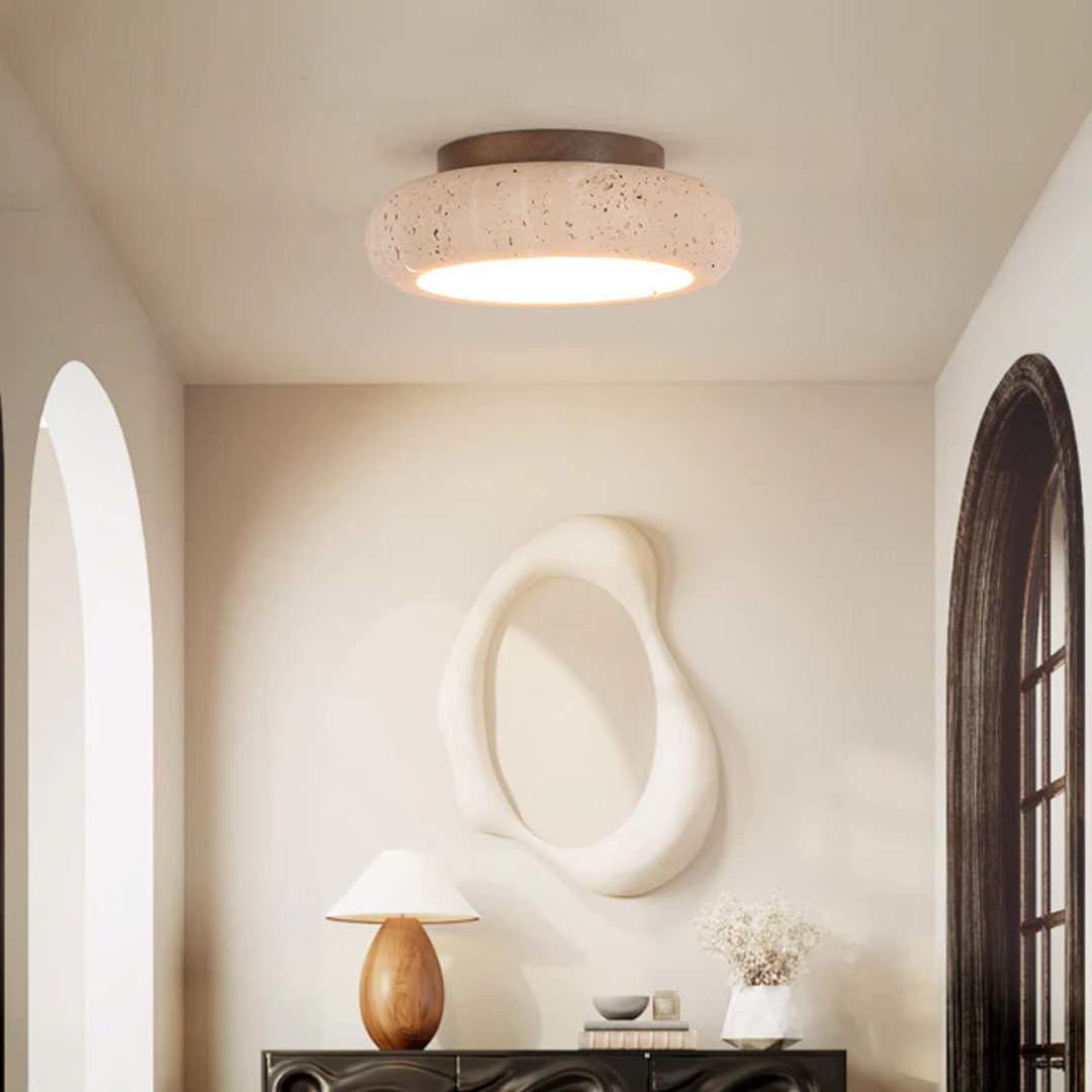 Travertine Retro Ceiling Lamp - LumaStone - Natural Finish - Warm Illumination