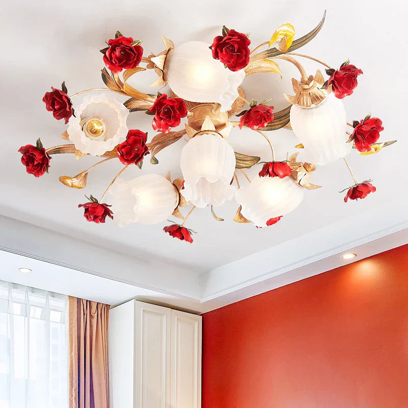 Romantic Ceiling Lamp with Red Rose - Rosava - Gold Finish - LED Lighting